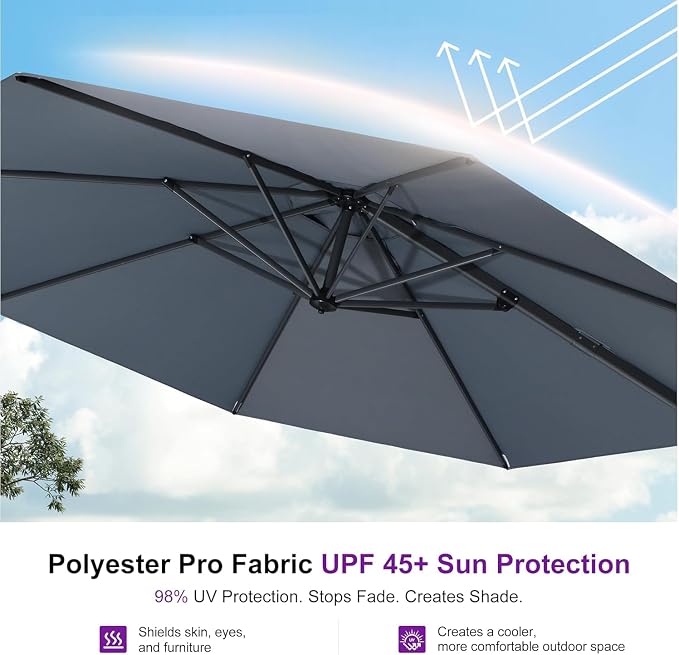 PURPLE LEAF Cantilever Umbrella 10 Feet Round 360° Rotation Light Grey | - Image 4