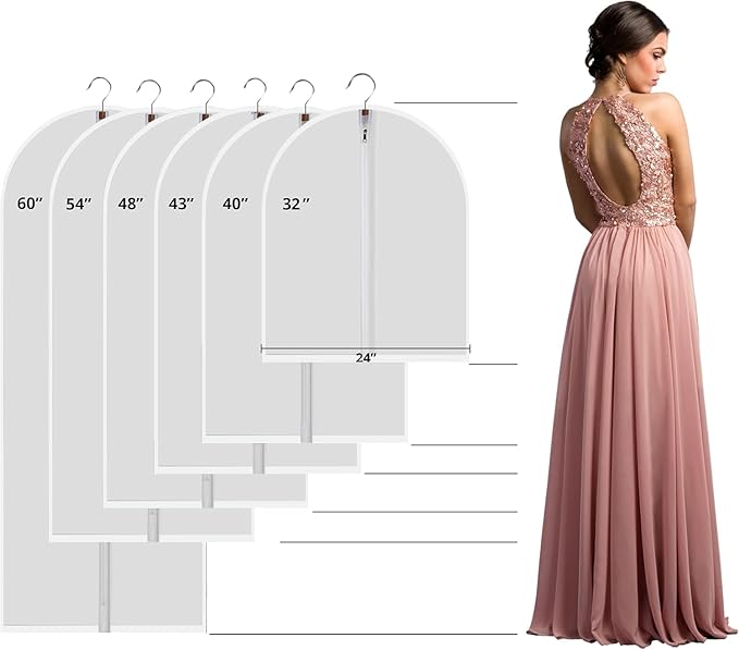 6 Pack Long Garment Bags (24x60") - Dustproof Gown Covers - Durable PEVA Hanging Bags with Sturdy Zipper for Maxi Dresses, Long Coats & Dance Costumes (Translucent)