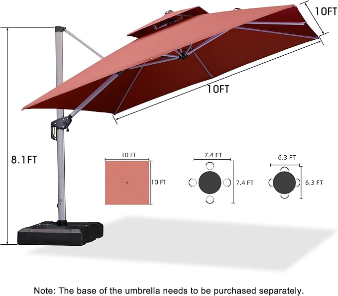 PURPLE LEAF Cantilever Patio Umbrellas 10'x 10' Square Double Top Brick Red | - Image 9