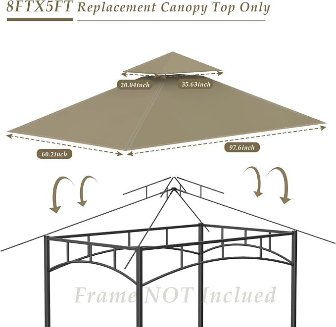 5x8Ft Grill Gazebo Replacement Top, Khaki Canopy Top Cover Only | Double-Layer - Image 3