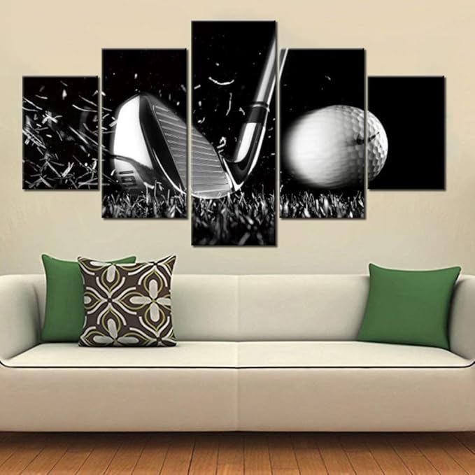 Golf Pctures Wall Decor Black and White Paintings Golf Course Wall Art for Living Room Golfing Sports Artwork 5 Piece Prints on Canvas House Modern Decor Giclee Framed Ready to Hang(60''Wx 32''H)