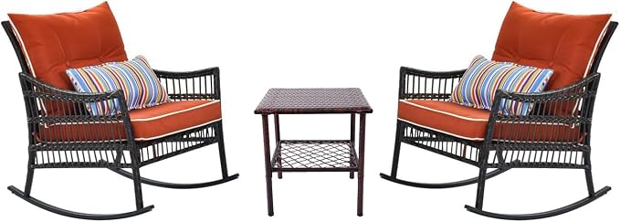 DECMICO 3-Piece Outdoor Rocking Chair Set, Wicker Bistro Furniture | Orange - Image 9