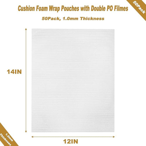 12'' x 14'' Cushion Foam Pouches, 50Pcs Packing Cushioning Supplies for Moving, Foam Wrap Pouches Protect Fragile Items, Cushioning Foam Padding for Packaging Dishes/China/Cups/Plates/Mugs