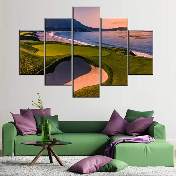 Golfing Landscape Pictures Wall Decor Multi Panel Prints on Canvas Green Grass Filed Paintings for House Gallery-Wrapped California Golf Course Artwork Framed Ready to Hang in Living Room(60''Wx40''H)