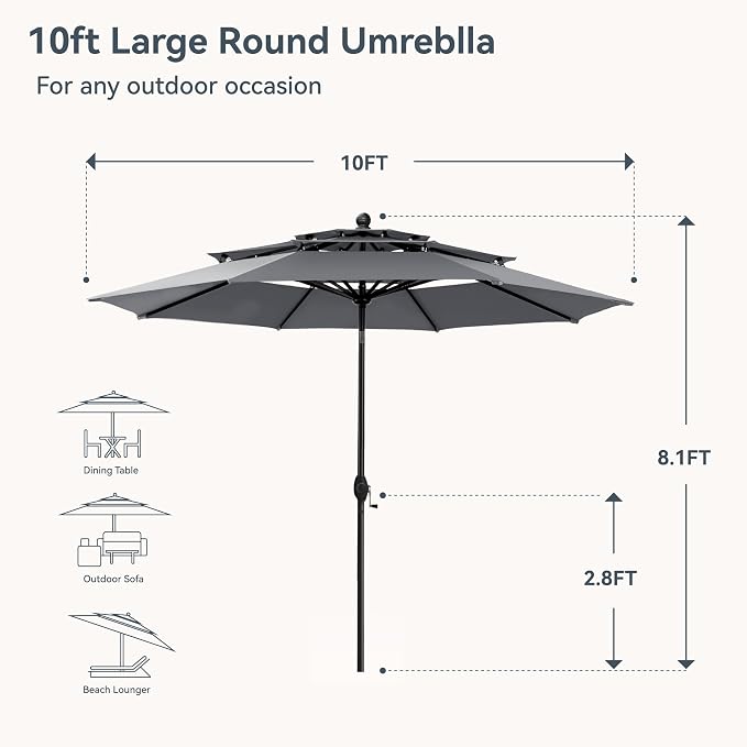 PHI VILLA 10ft Outdoor Patio Umbrellas, 3 Tier Vented Table Umbrella, 1.5" Pole - Image 2