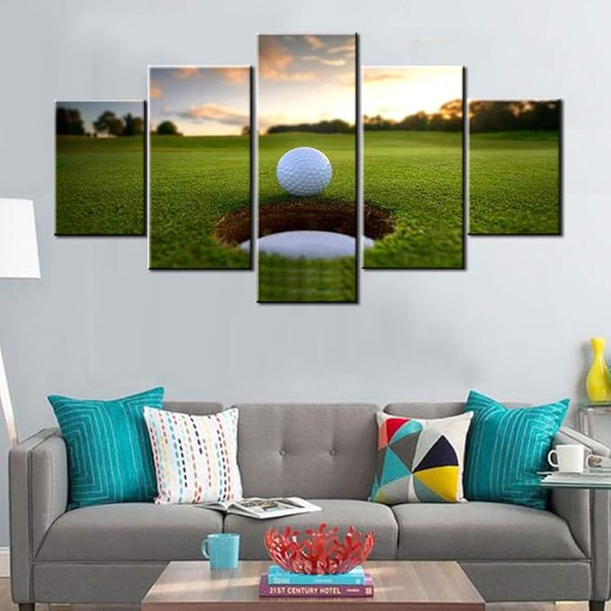 5 Piece Canvas Wall Art for Living Room Golf Course Pictures White Golf Ball Paintings Green Lawn Scenery Artwork Gallery-Wrapped Modern Home Decor Framed Ready to Hang Posters and Prints(60''Wx32''H)