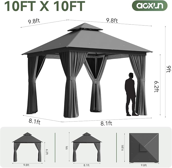 Aoxun 10x10FT Outdoor Gazebo w/Light, Dark Gray | UPF50+ Protection 50×50mm - Image 6