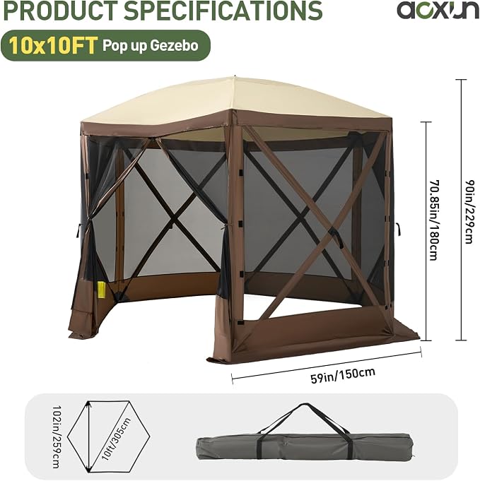 Aoxun 10x10ft Pop Up Gazebo, Camping Gazebo Screen Tent, Mesh Windows, Carry - Image 7
