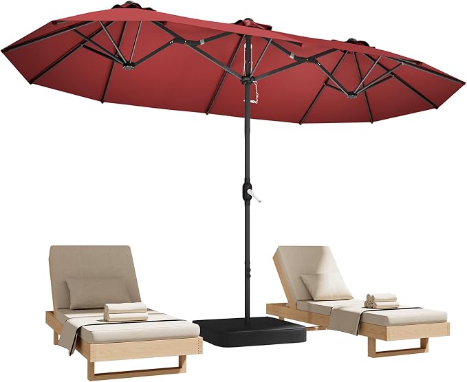 15ft Red Patio Umbrella with Base Included, Rectangle Double Extra Large Table by DomeShade