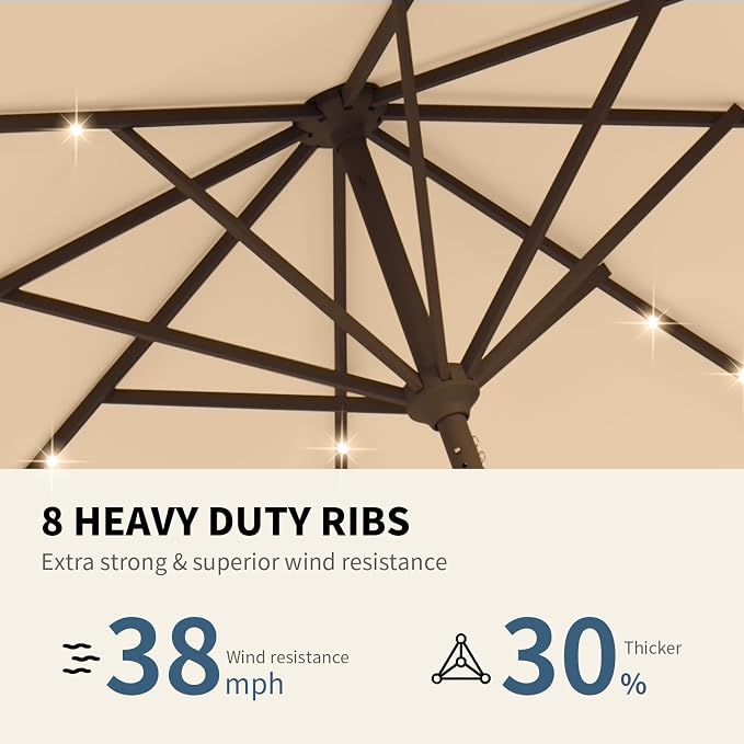 9FT Patio Umbrella with Solar Lights, Outdoor Market Umbrella with Tilt and - Image 5