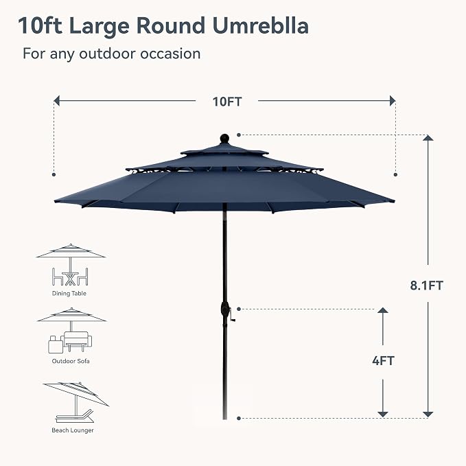 PHI VILLA 10ft Outdoor Patio Umbrellas, 3 Tier Vented Table Umbrella, 1.5" Pole - Image 2