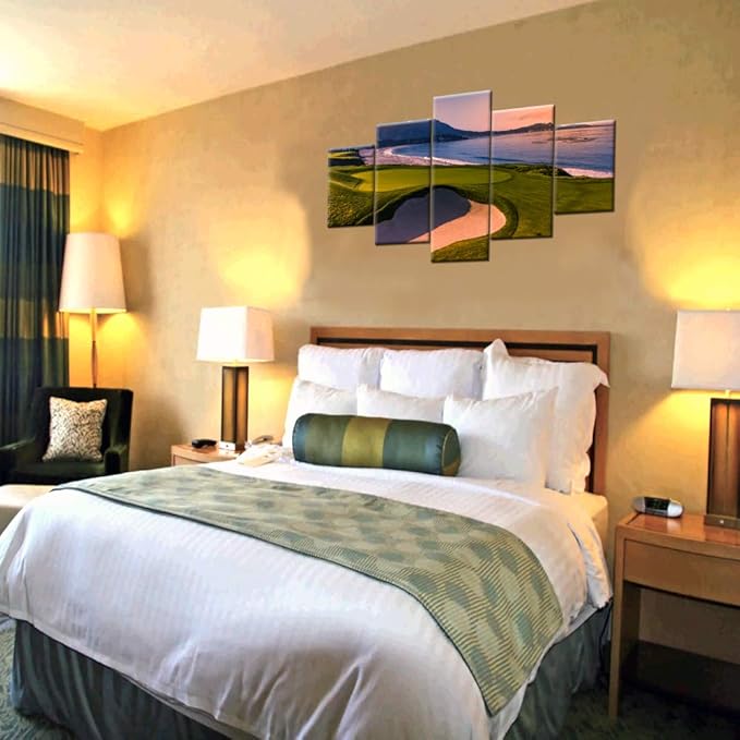 Native American Decor California Beach Golf Course Pictures 5 Panel Canvas Wall Art Green Landscape Paintings Contemporary Artwork Framed Ready to Hang in Living Room Posters and Prints(60''Wx32''H)