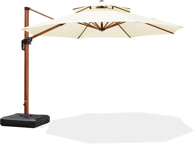 PURPLE LEAF Patio Umbrella 11ft Double Top Wood-Grain Finish, Cream | Braced by PURPLELEAF