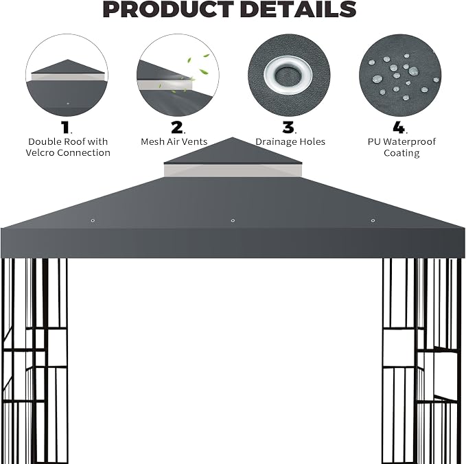 10x10 FT Gazebo Replacement Top, Canopy Replacement Cover Double Tiered - Image 3