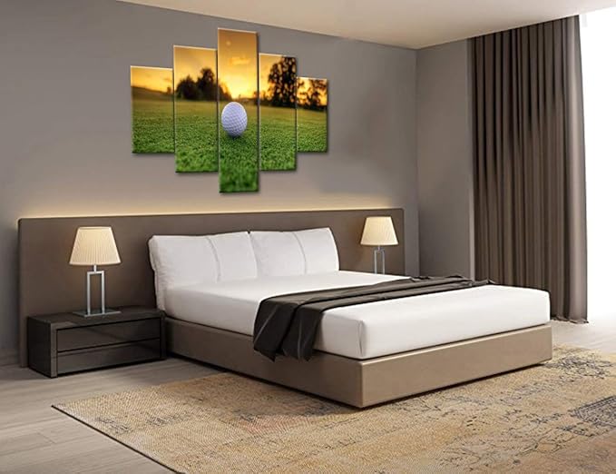 Wall Pictures for Living Room Golf Course Sunset Scenery Paintings White Golfball Artwork Gallery-Wrapped 5 Panel Prints Canvas Wall Art Modern Home Decor Framed Stretched Ready to Hang(60''Wx40''H)