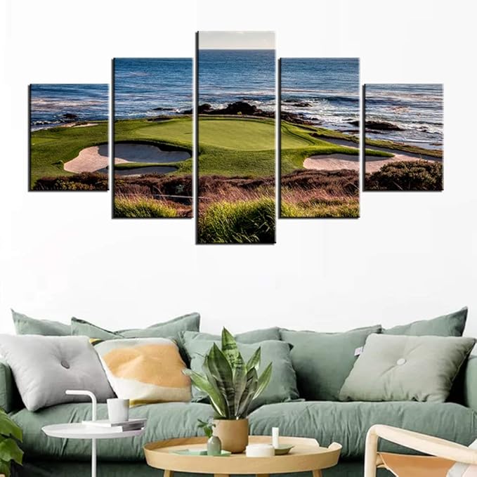 Pebble Beach Pictures for Living Room Golf Course Paintings Golfing Sports Wall Art 5 Pieces Prints on Canvas Seascape Artwork Country Home Decorations Framed Giclee Ready to Hang Gift(60''W x 32''H)