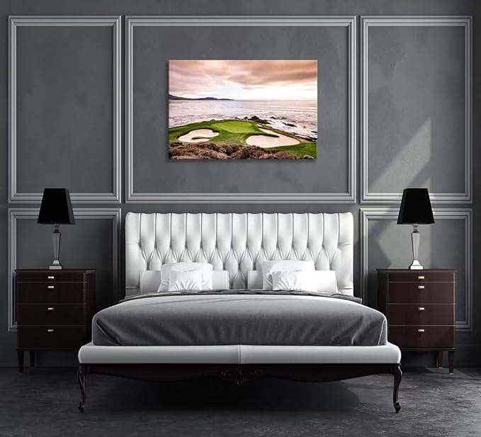 USA California Golf Course Wall Art for Living Room Bedroom Bathroom Home Decorations Coastline Golf Course Greens and Bunkers Picture Poster Framed Artwork Canvas Prints Ready to Hang(12''H x 16''W)