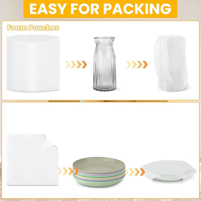 250PCS Packaging Supplies,200 Pack Foam Pouches 4 Sizes(14"x14", 12"x12", 12"x7.5", 7.5"x7.5") with 50 Fragile Stickers,Cushion Foam Pouch for Moving,Packing,Transportation,Storage