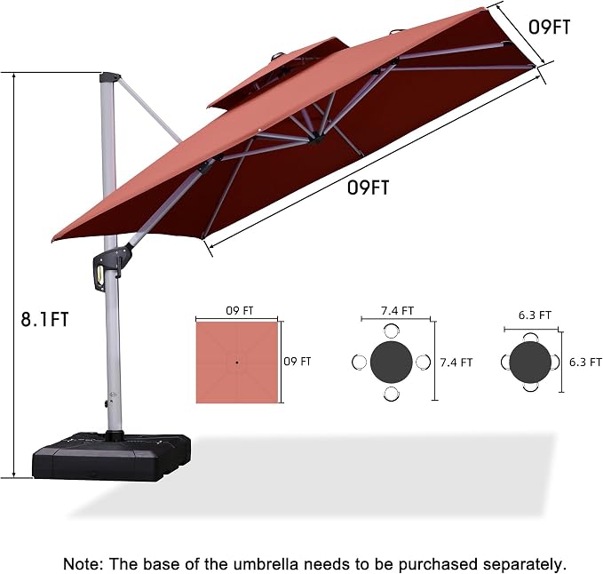 PURPLE LEAF Cantilever Outdoor Umbrella 9' x 9' Square Double Top Brick Red | - Image 8