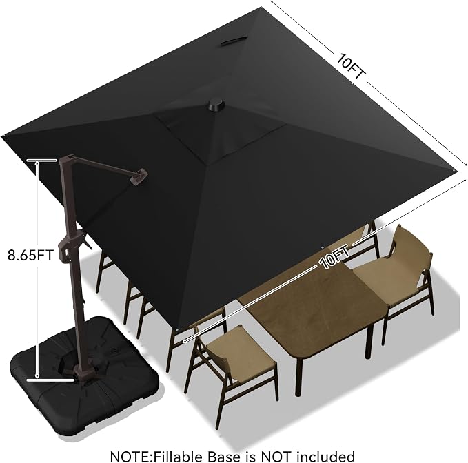 10x10FT Cantilever Outdoor Umbrella, 360° Rotating Large Offset Square Patio - Image 3