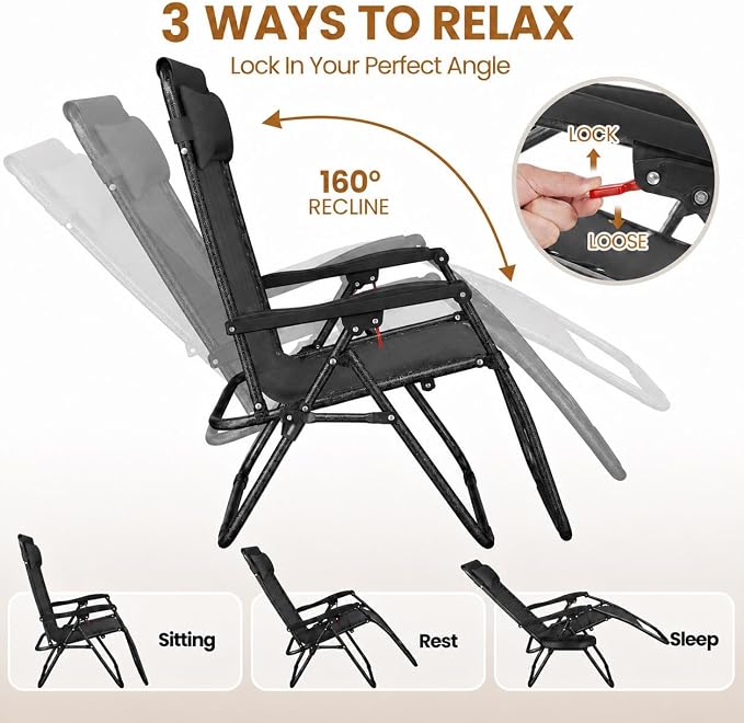 Yaheetech 26" Zero Gravity Recliners Adjustable Set of 2, Dark Black | Outdoor - Image 4