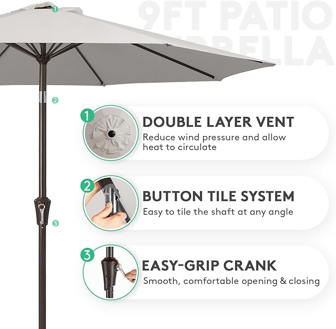 JEAREY 9FT Outdoor Patio Umbrella, Market Umbrella, Fog Gray | Outdoor Table - Image 2