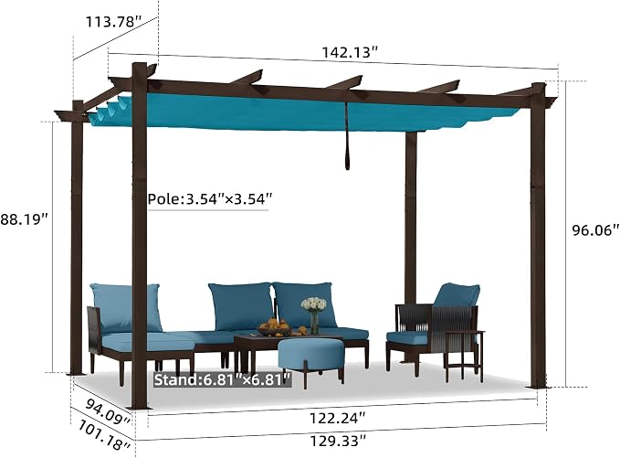 PURPLE LEAF Pergola 10' X 12' Aluminum Retractable Canopy, Turquoise Blue | UV - Image 6