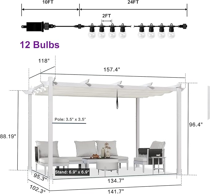 PURPLE LEAF Outdoor White Pergola 10' x 13' w/Lights - Image 2