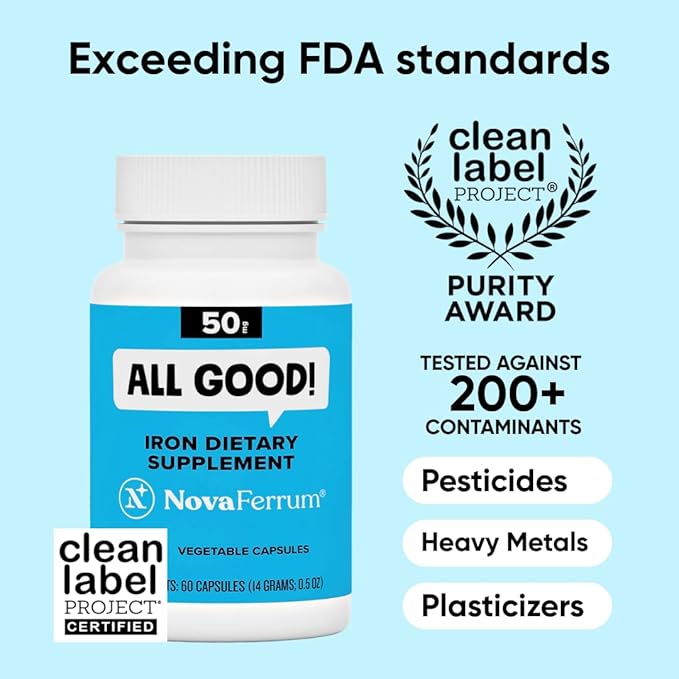 NovaFerrum All Good | Iron Capsule Supplements for Adults | Anemia | 50mg of Iron | 60 Servings | Sugar Free | Vegan | Gluten Free