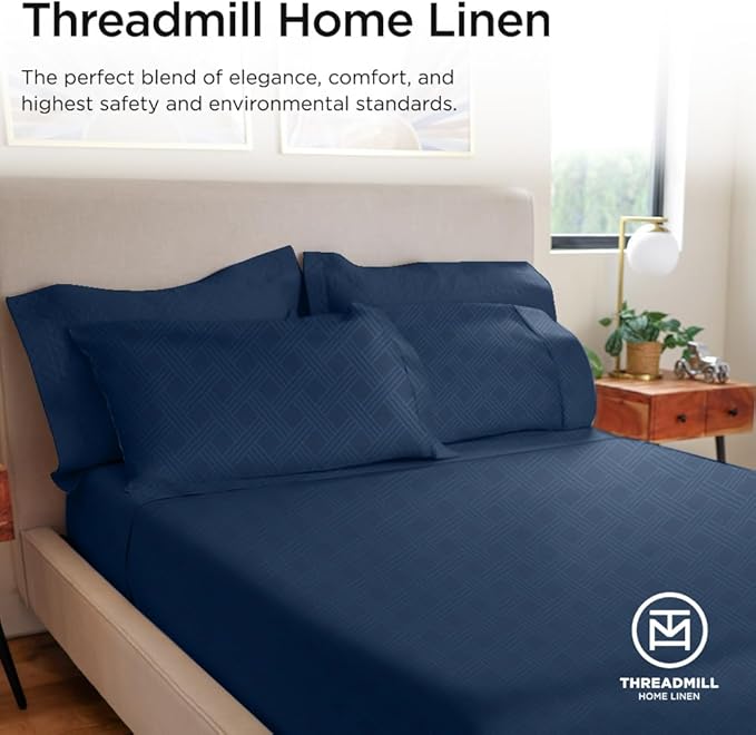 Threadmill King Size Sheets for King Mattress | 800 Thread Count Jacquard Folkstone Blue | Better Than Egyptian Cotton | 4 Pc Bed Sheets | Damask Sheets Fits 16'' Deep Pocket | 100% Cotton Sheet