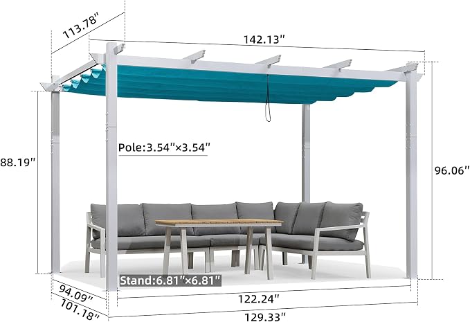 PURPLE LEAF Pergola 10' x 12' Aluminum Frame Retractable, Turquoise Blue | - Image 6