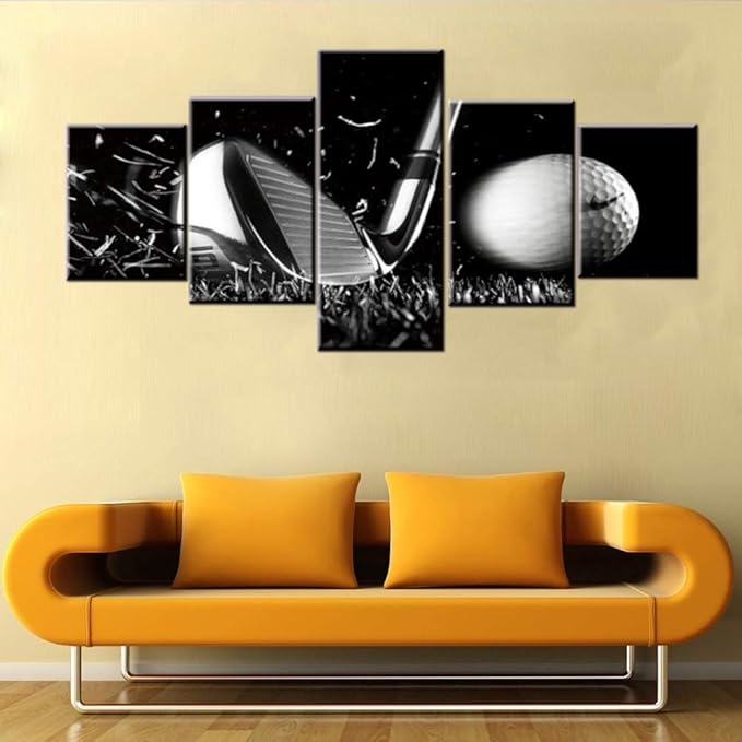 Golf Course Pictures White and Black Wall Art Golf Ball Paintings Multi Panel Printed on Canvas Landscape Artwork Modern Home Decoration Giclee Wooden Framed Gallery-Wrapped Ready to Hang(50''Wx24''H)