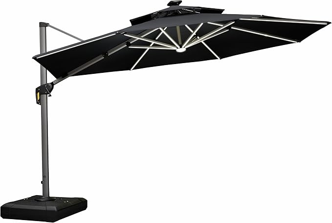 PURPLE LEAF Cantilever Umbrella 12ft Solar LED Light Double Top, Stays bright by PURPLELEAF