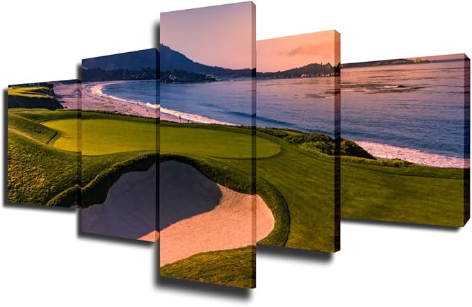 Native America Wall Pictures for Living Room Public Golf Course of Pebble Beach Wall Art 5 Piece Canvas Prints Artwork Giclee GolfingPainting Modern House Decor Framed Ready to Hang Gift(50''Wx24''H)