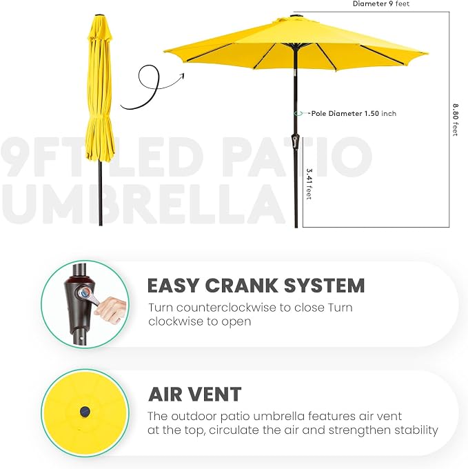 JEAREY 9' Patio Umbrella with Solar Lights, LED Umbrella, Lemon | Outdoor Table - Image 7