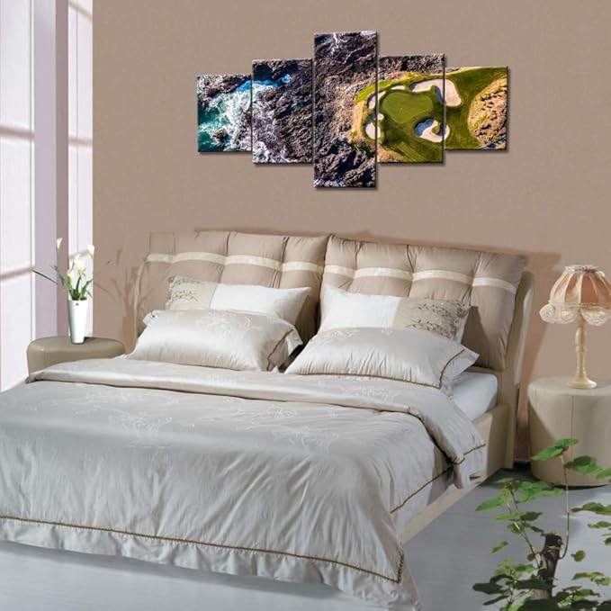 5 Panel Canvas Wall Art California Golf Links Paintings for Bedroom Ocean Stone and Green Lawn Pictures HD Prints Modern Home Decor Sea Landscape Artwork Framed Stretched Ready to Hang(50''Wx24''H)