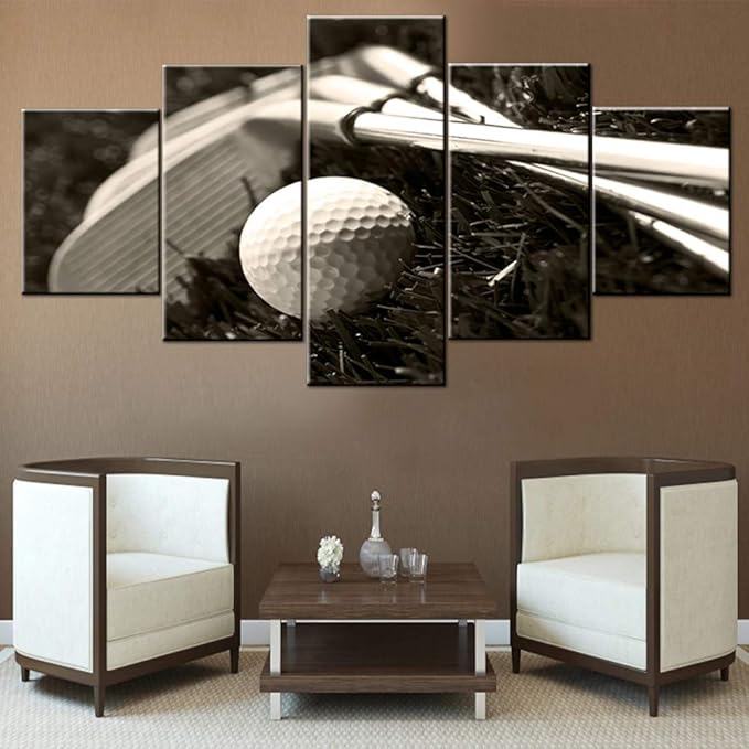 Golfing Art for Walls Black and White Pictures Golf Club in Meadow Paintings for Living Room 5 Panel Prints on Canvas Meadow Artwork Giclee House Decor Stretched and Framed Ready to Hang(60''Wx32''H)