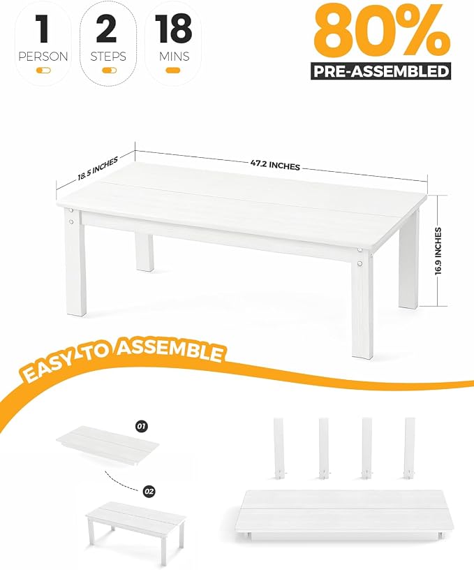 Adirondack Coffee Table, All-Weather HDPE, | 47.2" x 22.7" x 17", 304 stainless - Image 3