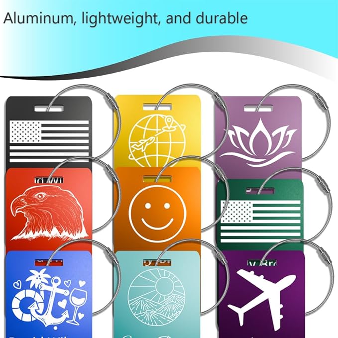 Personalized Luggage Tags for Suitcases 4 Pack – Custom Metal Name Tag for Travel, Golf Bag, and Baggage – Durable Aluminum Luggage Name Tags (Adventure Collection, Gold)