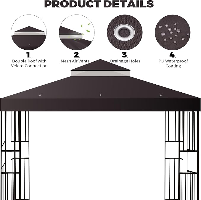 10x10 FT Gazebo Replacement Top, Canopy Replacement Cover Double Tiered - Image 3