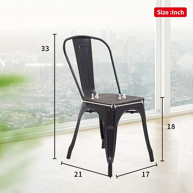 FDW | Metal Dining Chairs with Wooden Seat | Set of 4 | Black | Stackable Tolix - Image 3