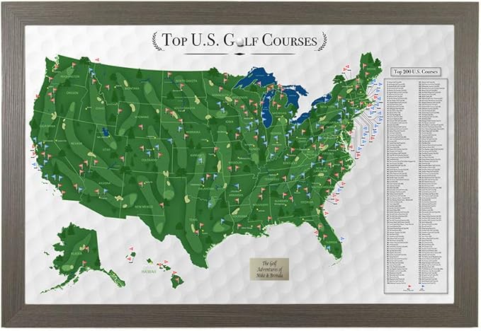 Push Pin Travel Maps Customizable Wall Art - Top Golf Courses USA Map - Barnwood Gray - Personalized Framed Pin Map, Includes 150 Pins - Handcrafted in USA - 27.5" x 39.5"