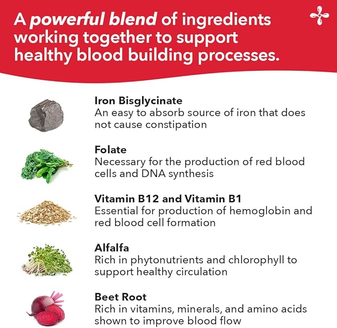 LifeSeasons Blood Nourish-R - Iron Deficiency Supplement - Supports Anemia, Fatigue, Paleness & Dizziness - No Constipation - Blood Building - Iron, Alfalfa, Raspberry & Vitamin B-12-60 Capsules
