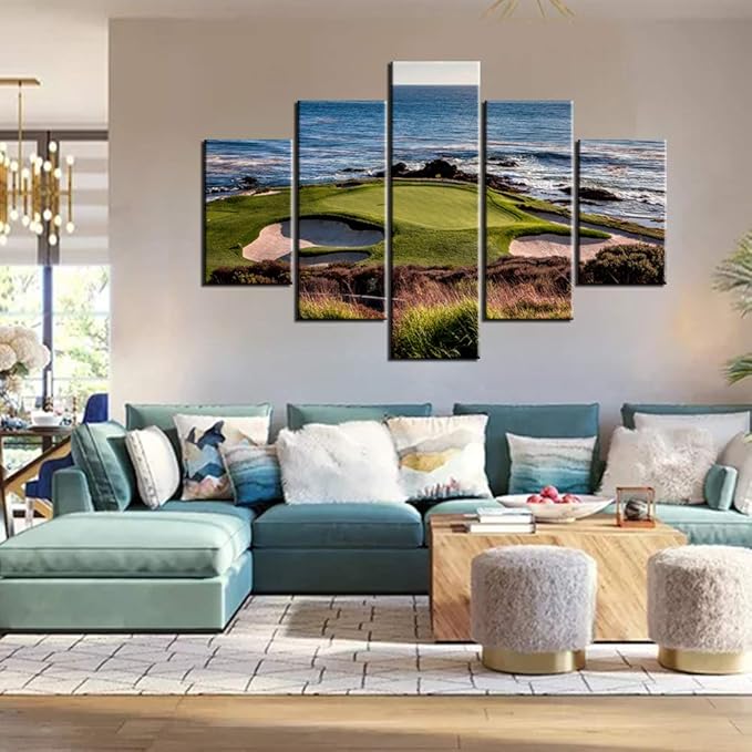 Golf Artwork for Walls Greens and Bunkers in California Paintings USA Landmark Picture Giclee 5 Panels Canvas Wall Art HD Prints Home Modern Decor Framed Ready to Hang in Living Room(60''W x 40''H)
