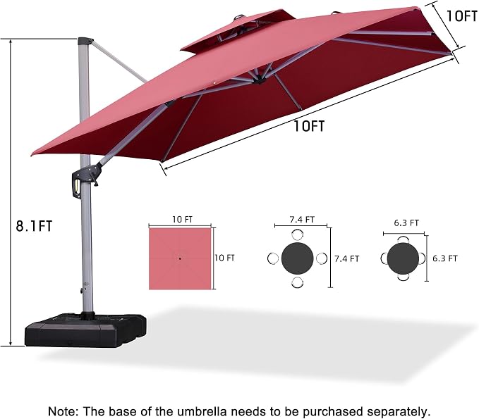 PURPLE LEAF Cantilever Patio Umbrellas 10' x 10' Square Double Top, Terra | - Image 9