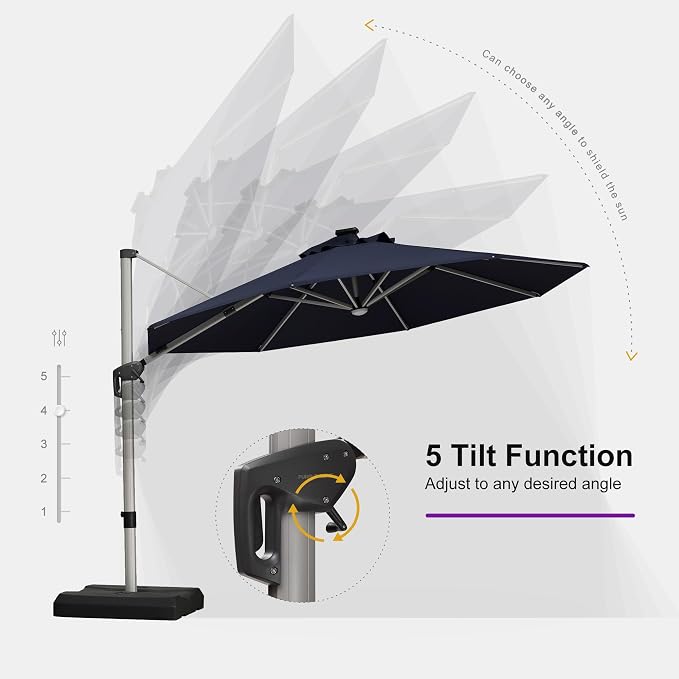 PURPLE LEAF Cantilever Patio Umbrella 11ft Round Solar LED Light, Support to - Image 6