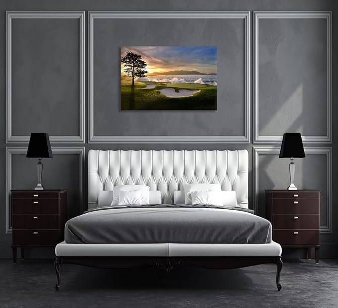 chenchenArt Pebble Beach Golf Course Wall Art Pictures Golf Course Poster Canvas Prints Golf Artwork Wall Decor for Living Room Bedroom Bathroom Home Decorations Framed Ready to Hang(24''H x 36''W)