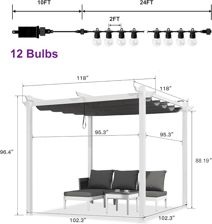 PURPLE LEAF Outdoor White Pergola 10' x 13' w/Light, Extra Canopy, aluminum - Image 8