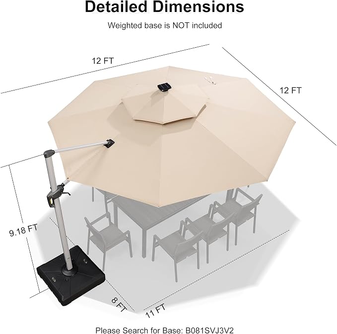 PURPLE LEAF Cantilever Umbrella 12ft Solar LED Light Double Top, Support to - Image 9