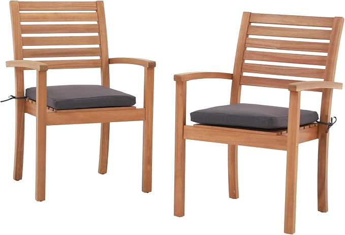 Stackable Patio Dining Chairs Set of 2, Dark Grey | Outdoor Acacia Wood Chairs by OCOrange-Casual